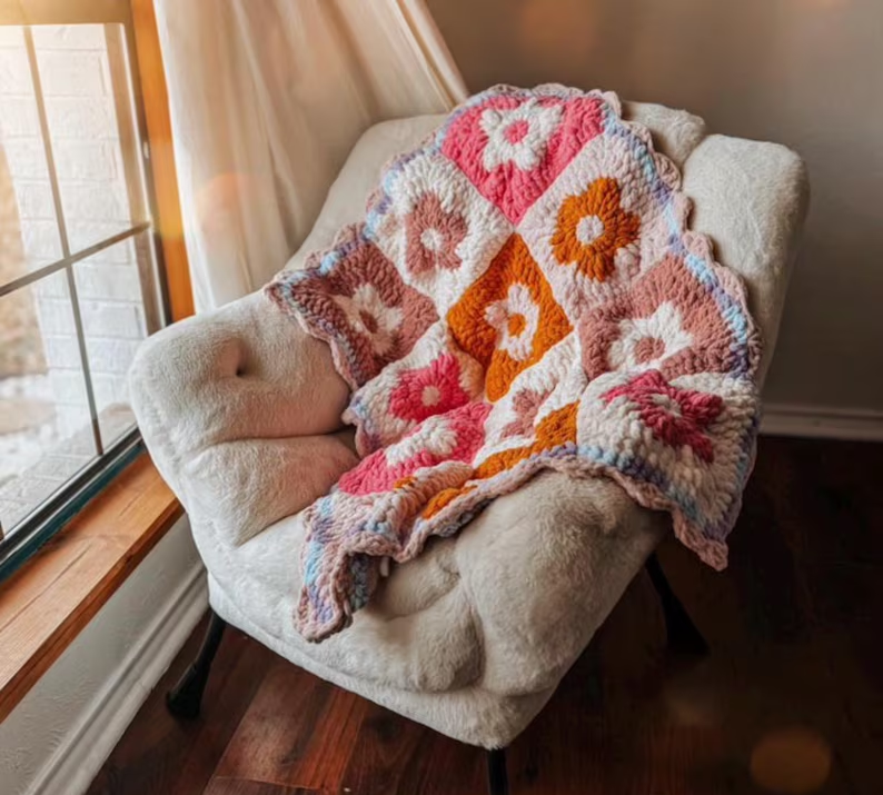Chunky Daisy Check Throw Crochet Pattern